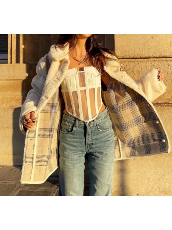 Lovers Friends Natalia Faux Fur Reversible Jacket Ivory Teddy Tan Plaid Coat XS - Image 9