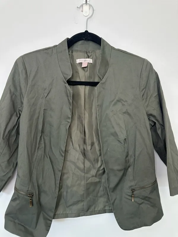 Roz & Ali Open Front Zip Pocket Blazer Size S Olive Green - Image 5