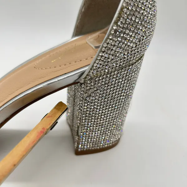 Womens Sandals 8W Wide Silver Rhinestones Open Toe Block‎ Heel C Comfort Brand - Image 6