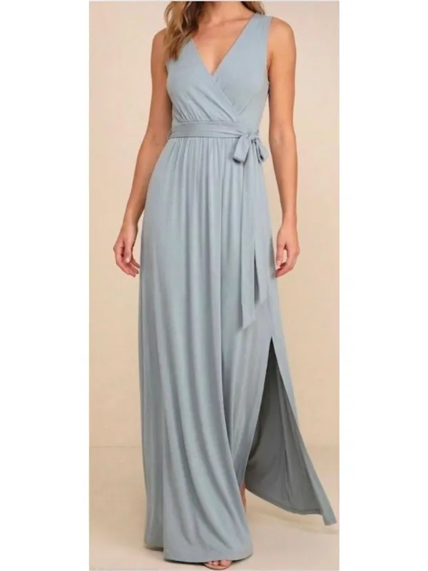 NWT Lulus Pale Dusty Blue Jersey Knit Surplice Slit Maxi Dress - Size: XL - Image 7