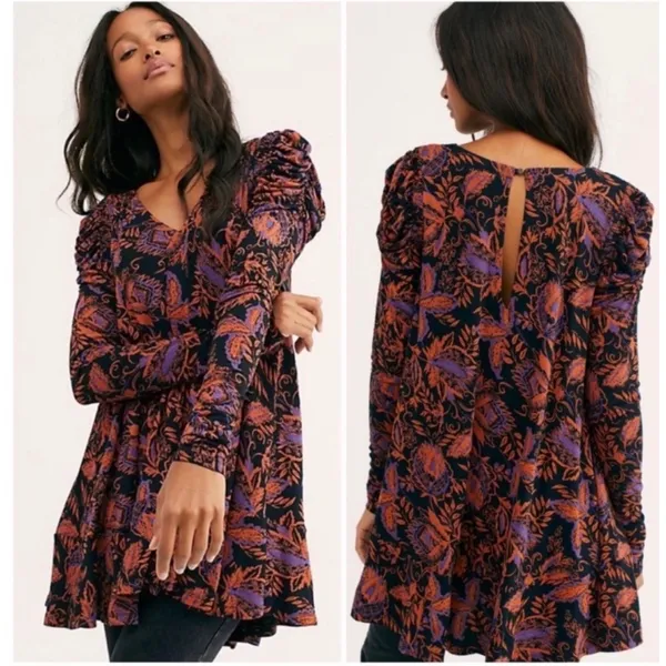 Free People Hello Lover Tunic Womens Floral Paisley Black Orange Size Medium‎ - Image 2
