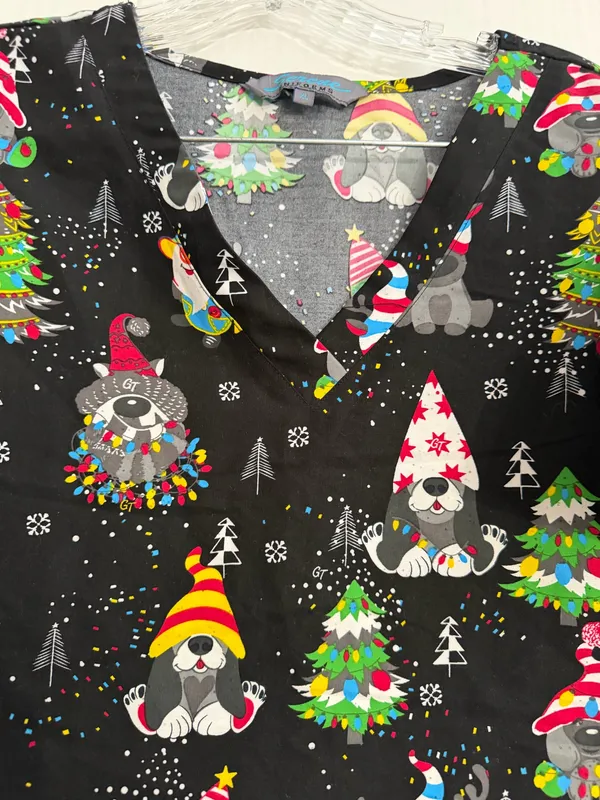 Serene Black Christmas Dog & Gnome Print V-Neck Scrub Top - Image 3