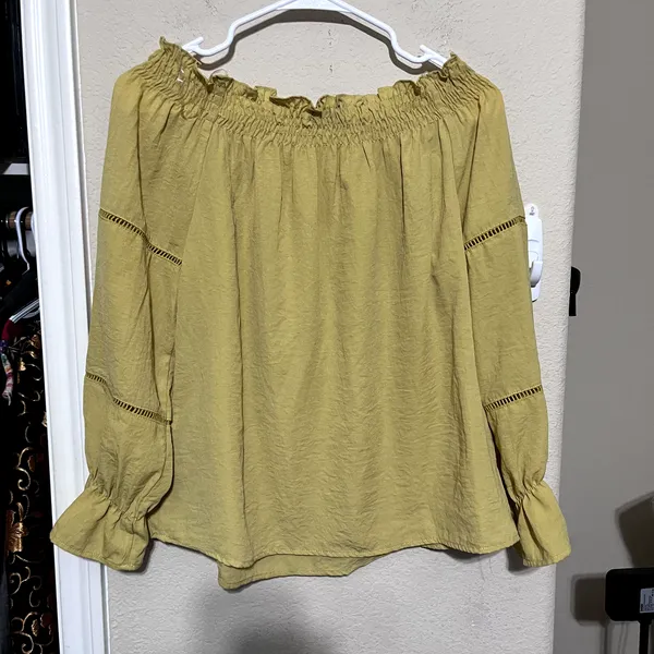 Timing Mustard Yellow Peasant Blouse Smocked Off‎ shoulder flowy romantic cottagecore M - Image 5