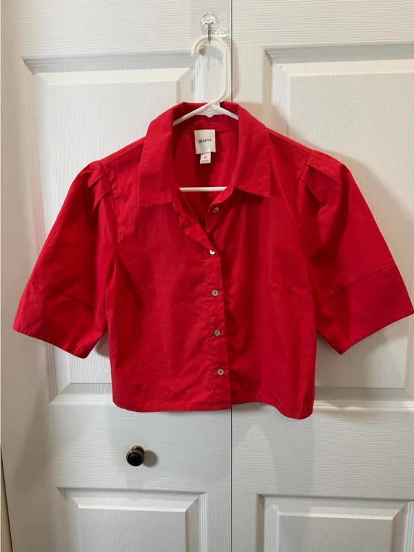 Maeve Lantern Sleeve Red Cropped Button-Front Shirt XS - Image 2