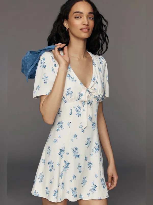 Reformation Tyra Mini Dress Floral Modest Blue Cream Girly Feminine Dress Sz 2 - Image 8