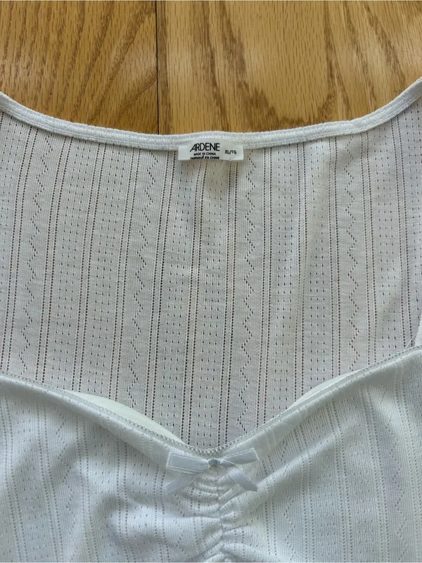 Ardene Pointelle Knit Long Sleeve Top Size XL White Ribbed Cinch Front Bow Y2K - Image 4