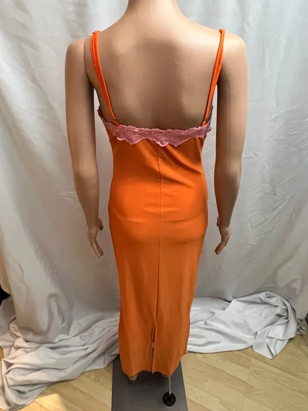 Micas Orange Pink Lace Bustier Maxi Dress Spaghetti Strap Size M - Image 3