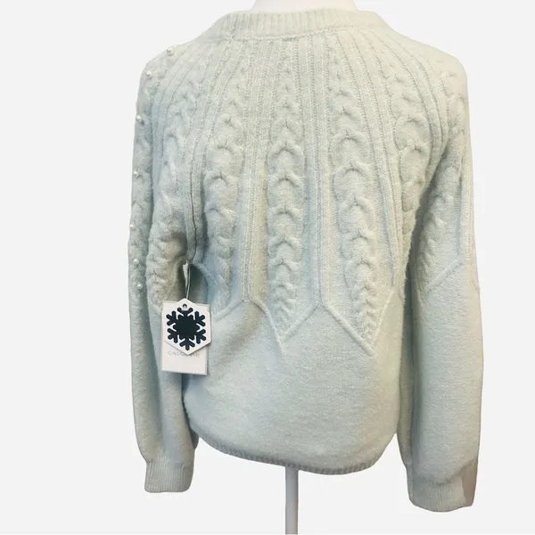 NWT PEARL BEADED CABLE KNIT SWEATER Mint Green‎ Quiet Luxury Old Money Coquette - Image 3