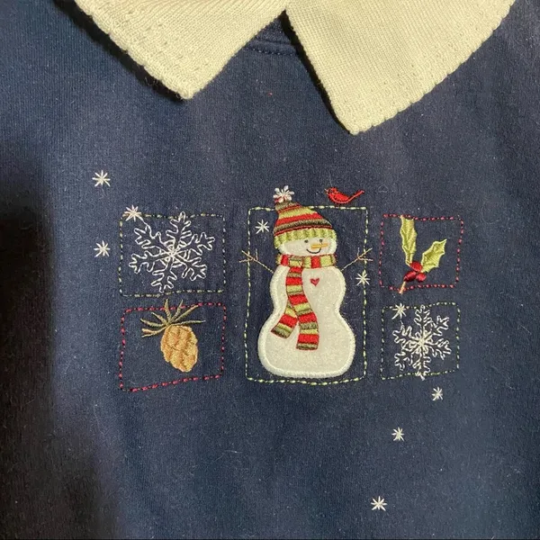 Vintage Morning Sun Topstitch Sweatshirt Collar Embroidery 90s Snowman Holiday M - Image 3