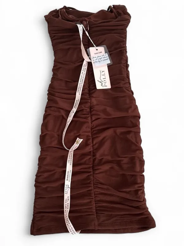 Oh Polly Chocolate Brown Ruched Spaghetti Strap Mini Dress - Image 2