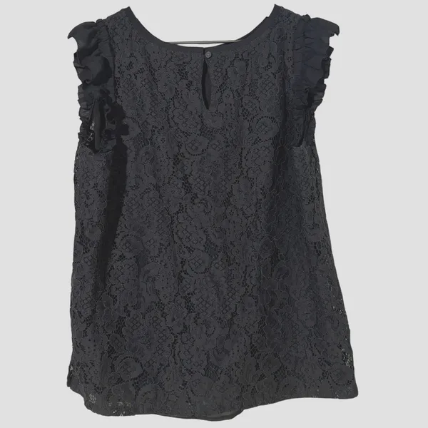 LOFT Gray Lace Ruffle Sleeve Blouse Keyhole Back Top Women’s Medium - Image 3