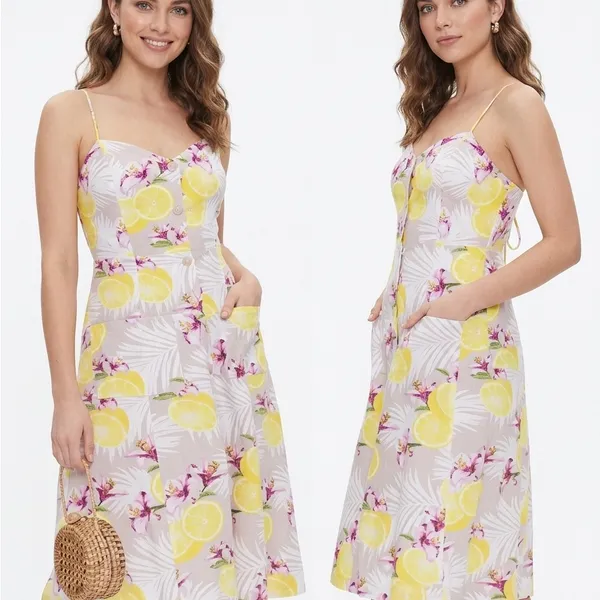 NWOT Lemon Floral Midi Linen Blend Dress - Image 9