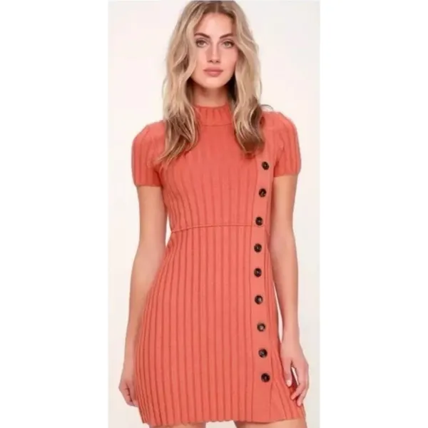 FREE PEOPLE Lottie Coral‎ Ribbed Small Button Front Mock Neck Sweater Dress M7-3 - Image 2