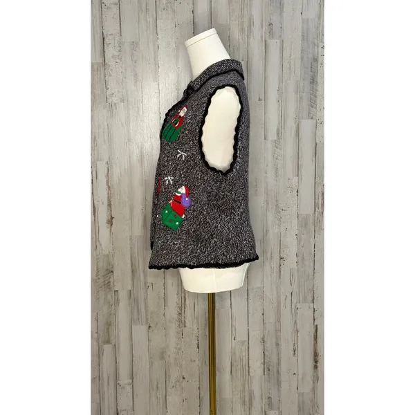Erika Vintage Christmas Sweater Vest Women's Large Gray Snowman‎ & Santa Design - Image 4