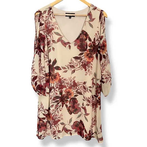 Lulus Shifting Dears Floral‎ Shift Dress Cut Out Sleeve Beige Cream Mini Large - Image 3
