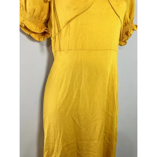 Farrow Yellow Satin Ruffle Tie Neck‎ Midi Dress Size M - Image 4