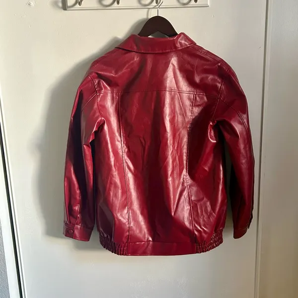 Classic Red Vegan Leather Front Zip Oversized Bomber Style Jacket - Image 2
