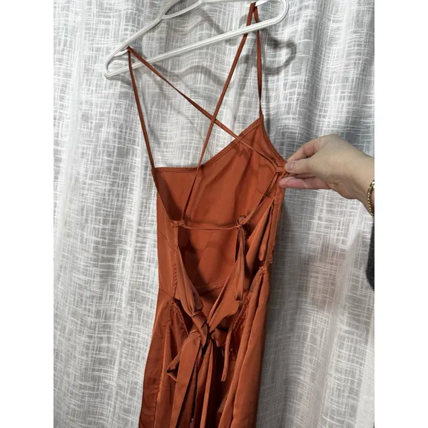 Pretty Little Thing Rust Strappy Back Satin Maxi Hi Low Tassel Hem Dress Size 4 - Image 2
