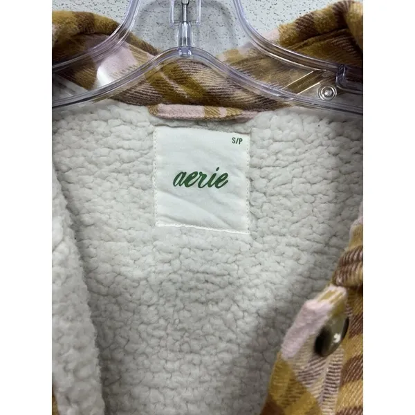 Aerie Womens Shacket Shirt Jacket Small Yellow Pink Plaid Flannel Sherpa Lined - Image 7