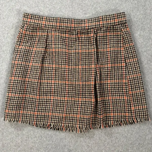 Urban Outfitters Plaid Wrap Mini Skirt Size Medium Brown/Orange Fringe Button - Image 8