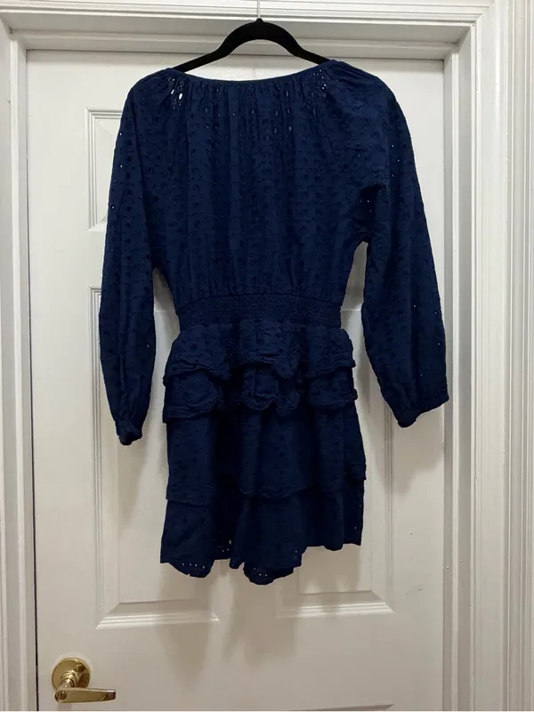 Smocked Waist Eyelet Long Sleeve Dress - Navy - Image 2