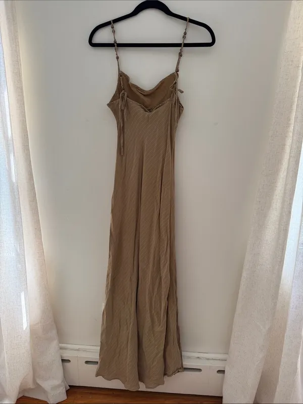 VRG GRL Taupe Stripe Maxi Slip Dress with Beaded Adjustable Straps - Image 4