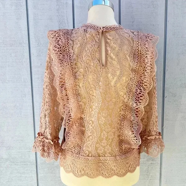 Melograno Rico Lace Blush Blouse See-through Top Long Sleeve Size Small - Image 2