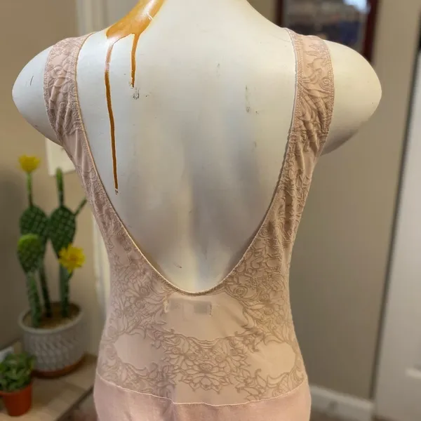 Fourteenth Place Bodysuit Womens Small Nude Pink Lace Illusion Low Open Scoop Ba - Image 6