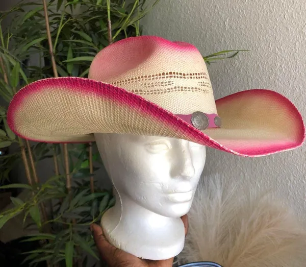Vintage rare pink ombre western cowgirl/cowboy straw hat with silver tone hardware Size L - Image 4