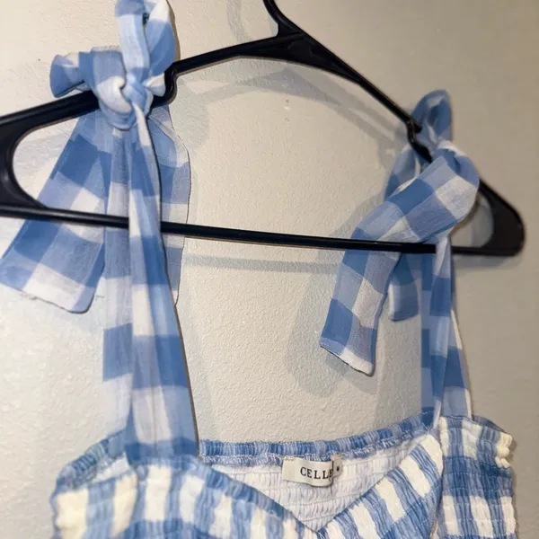 Cellecci Blue Gingham Smocked Tie Strap Tiered Midi Dress Size M - Image 6