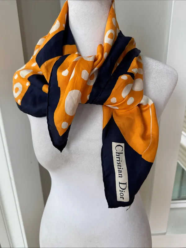 Christian Dior Orange White Navy Blue Polka Dot Silk Scarf 30” Sq - Image 8