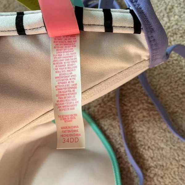 Victoria's Secret The Getaway Halter Striped Bikini Top Neon Trim‎ 34DD - Image 3