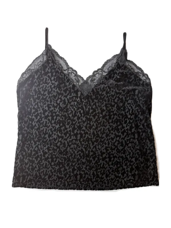 White House Black Market WHBM Black Velvet Leopard Print Lace Cami‎ Top Size XL - Image 2