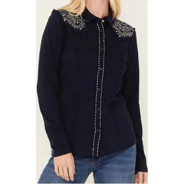 Idyllwind Navy Embellished Top size XS Cowgirl core rodeo style edgy western - Image 3