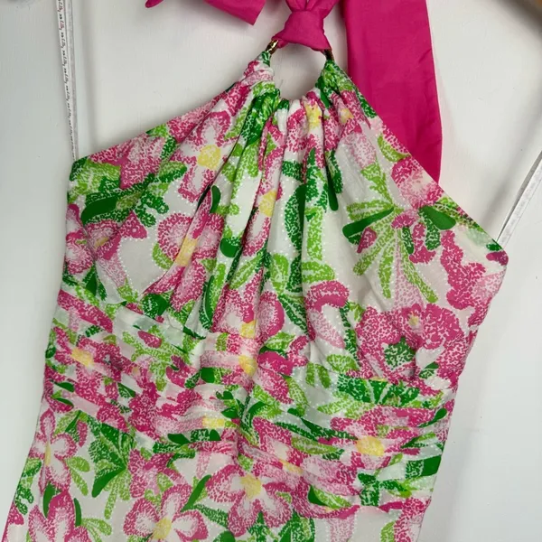 Lilly Pulitzer Floral Midi Dress Sz 2 Cotton Silk Blend Halter Neck Bow Tie Back - Image 5