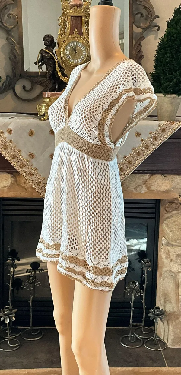 Beautiful White And Tan Beach Cover Up Dress L - Image 3