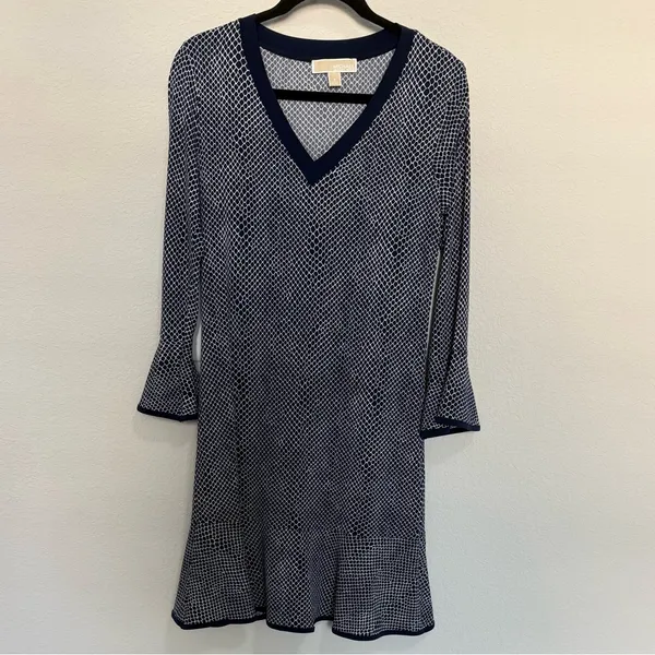 MICHAEL Michael Kors Graph Mamba Flounce Dress Small Navy White Bell Sleeve - Image 5