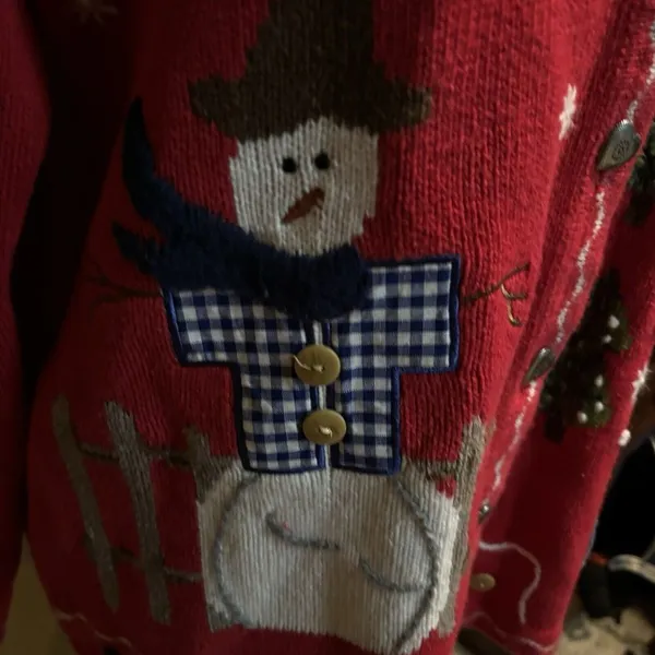 Quacker Factory Sweater VTG Cardigan Christmas Snowman Red Holiday Knit Medium‎ - Image 10