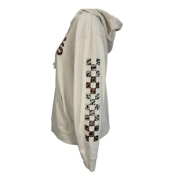 Vans Hoodie Womens Medium Cream Animal Print Checkerboard Fleece Pullover Casual - Image 3