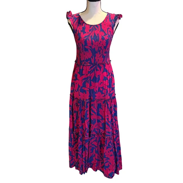 Abel The Label Pink Blue Floral Smocked Tiered Maxi Dress‎ Ruffle Sleeve Medium - Image 2