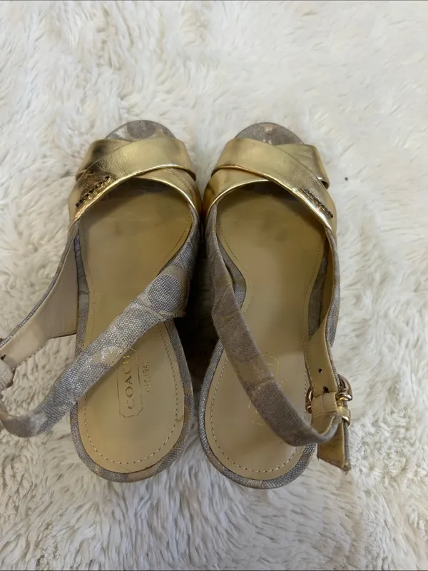 Coach Jessy Gold Metallic Canvas Logo Wedge Heeled Sandals - Image 9