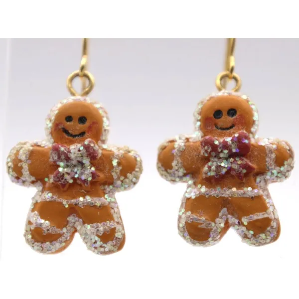 Gingerbread Dangle Earrings Glitter Accents Bows Gold Tone French Hook Pierced - Image 2