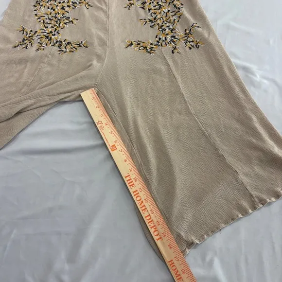 Free People Embroidered Wide Leg Jumpsuit Taupe Beige Boho Smocked Small - Image 8
