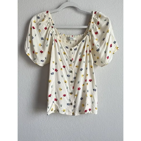 Madewell Seamed‎ Button Down Colorful Floral Confetti Short Sleeve Blouse Small - Image 5