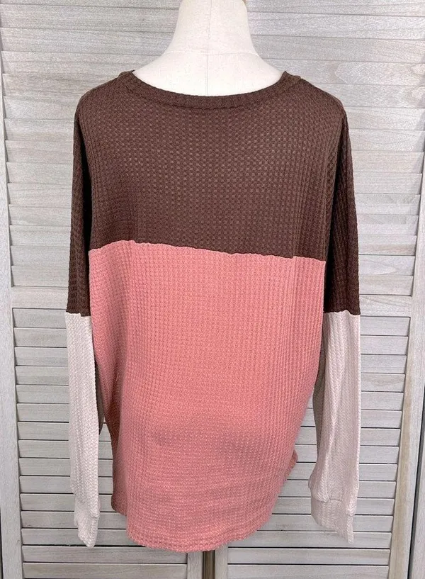 Waffle Knit Color Block Long Sleeve Tee Brown, Pink, Taupe-Large - Image 3