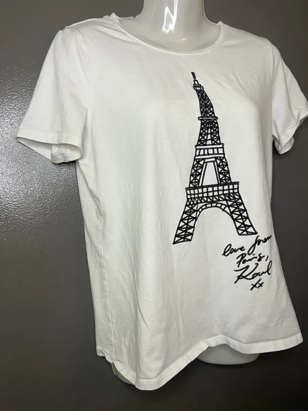 Karl Lagerfeld Paris Shirt Womens Small White Eiffel Tower Graphic Tee Top - Image 3