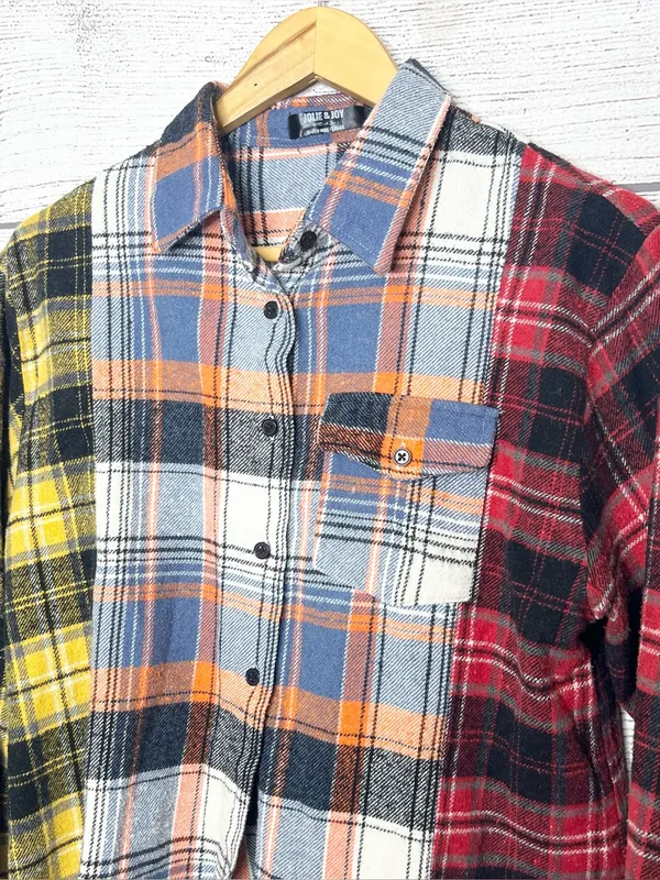 Jolie & Joy Patchwork Plaid Cut Off Button Up Shirt Jacket Shacket Size Large Yellow - Image 6