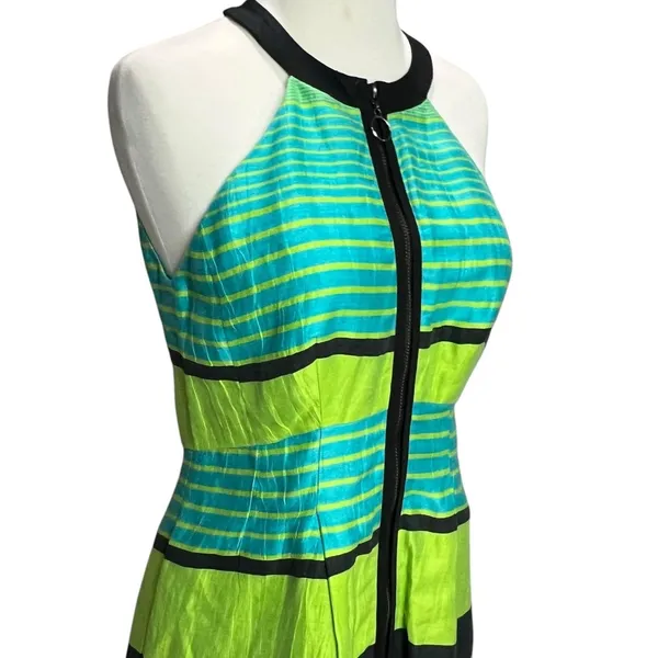 Nanette Lepore Bogatell Dress 2 Green Blue Linen Blend Stripe Feminine Chic ASO‎ - Image 4