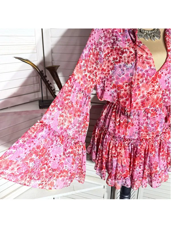 Misa Los Angeles chiffon babydoll floral mini dress Angel sleeves boho Fairy XS - Image 2