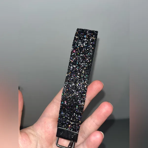 Handmade Black Rainbow Confetti Glitter Canvas Faux Leather Wristlet Keychain - Image 4